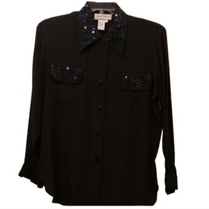 Diane Gilman Silk Long Sleeve Navy Blue Shirt with Sequin Details NWT M